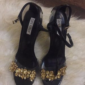 Black Pante Leather Sandals With Gold Stones